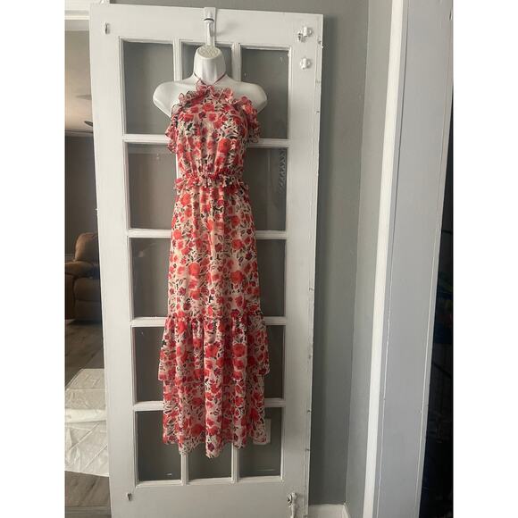 Misa Los Angeles Gia Floral Halter Dress Size Small Maxi Chiffon Tiered - Picture 9 of 13